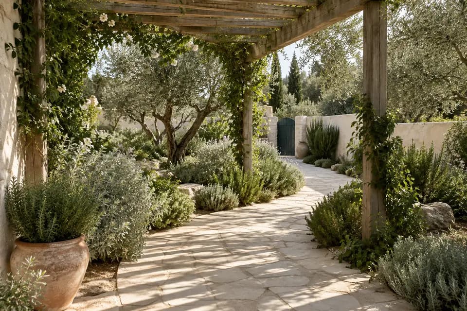 Ahşap pergola altında zeytin ağaçları arasından geçen güneşli otel bahçesi yolu; temsili görsel.